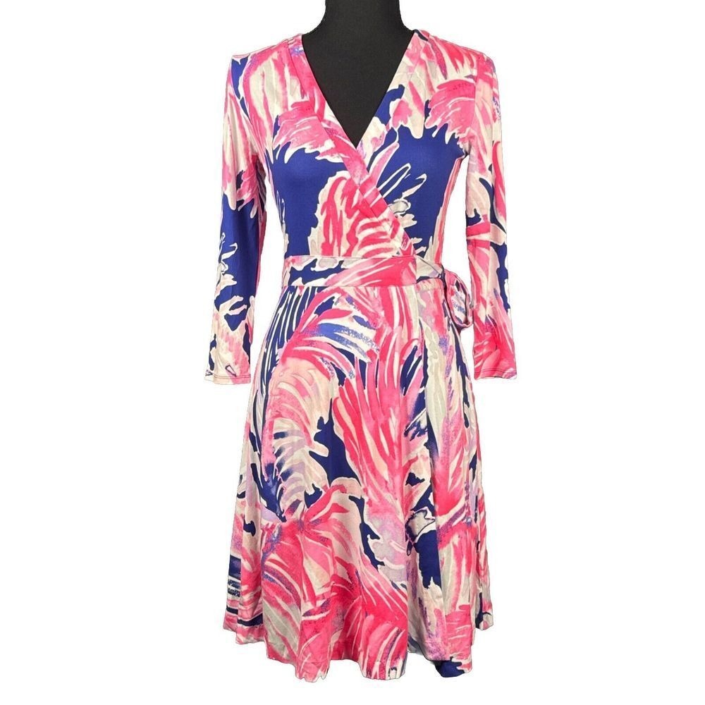 Lilly Pulitzer Emilia Wrap‎ Dress True Blue Paradise Point Print Womens XXS